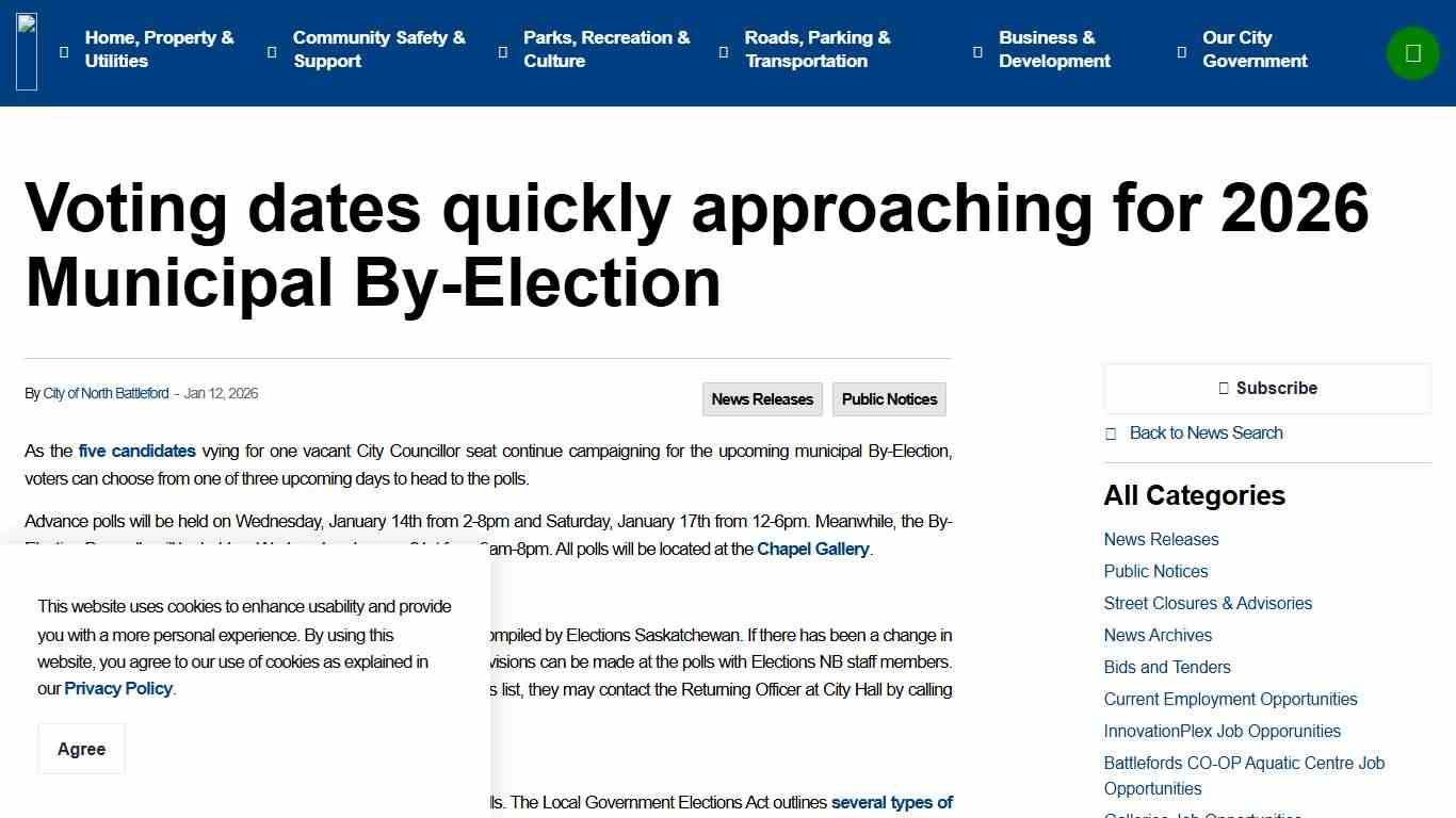 Voting dates quickly approaching for 2026 Municipal By-Election City of North Battleford